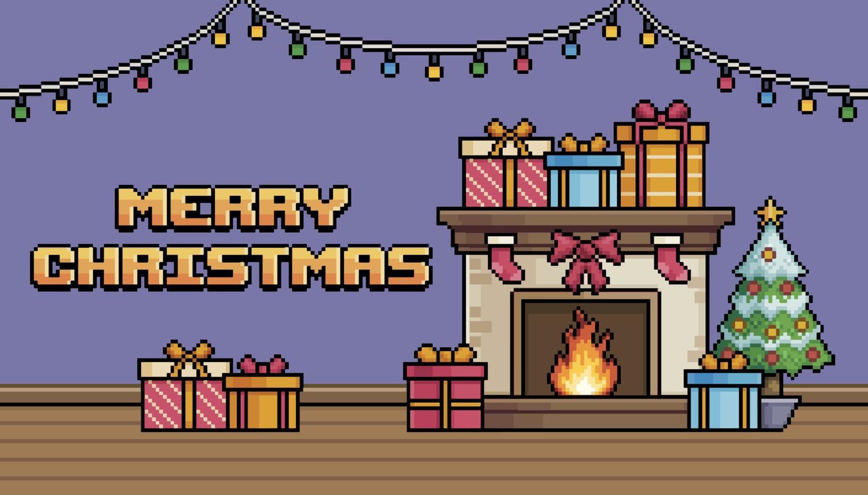 fondo de navidad de pixel art con texto de feliz navidad, chimenea, árbol de navidad y vector de regalos para juego de 8 bits