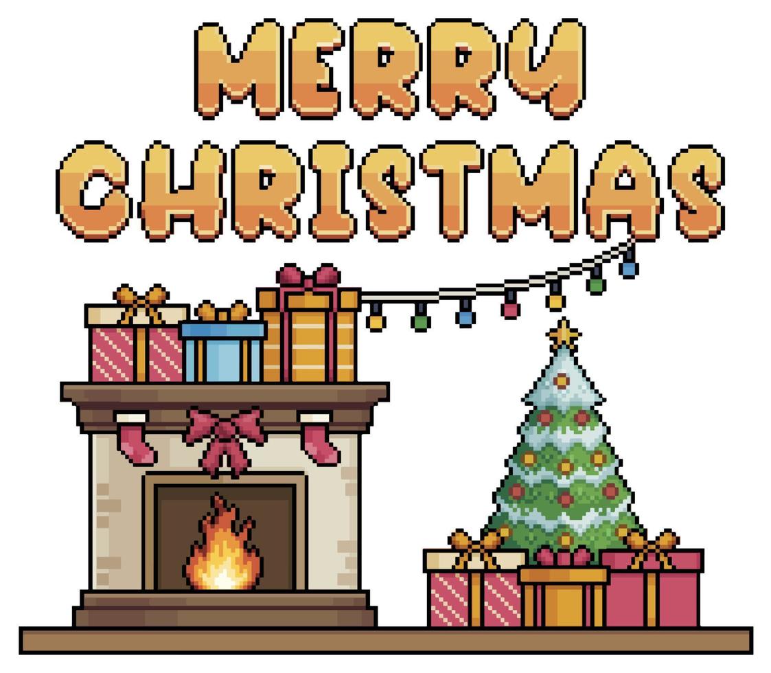 Pixel art christmas tree, fireplace, gifts and golden christmas text background vector for 8 bit game