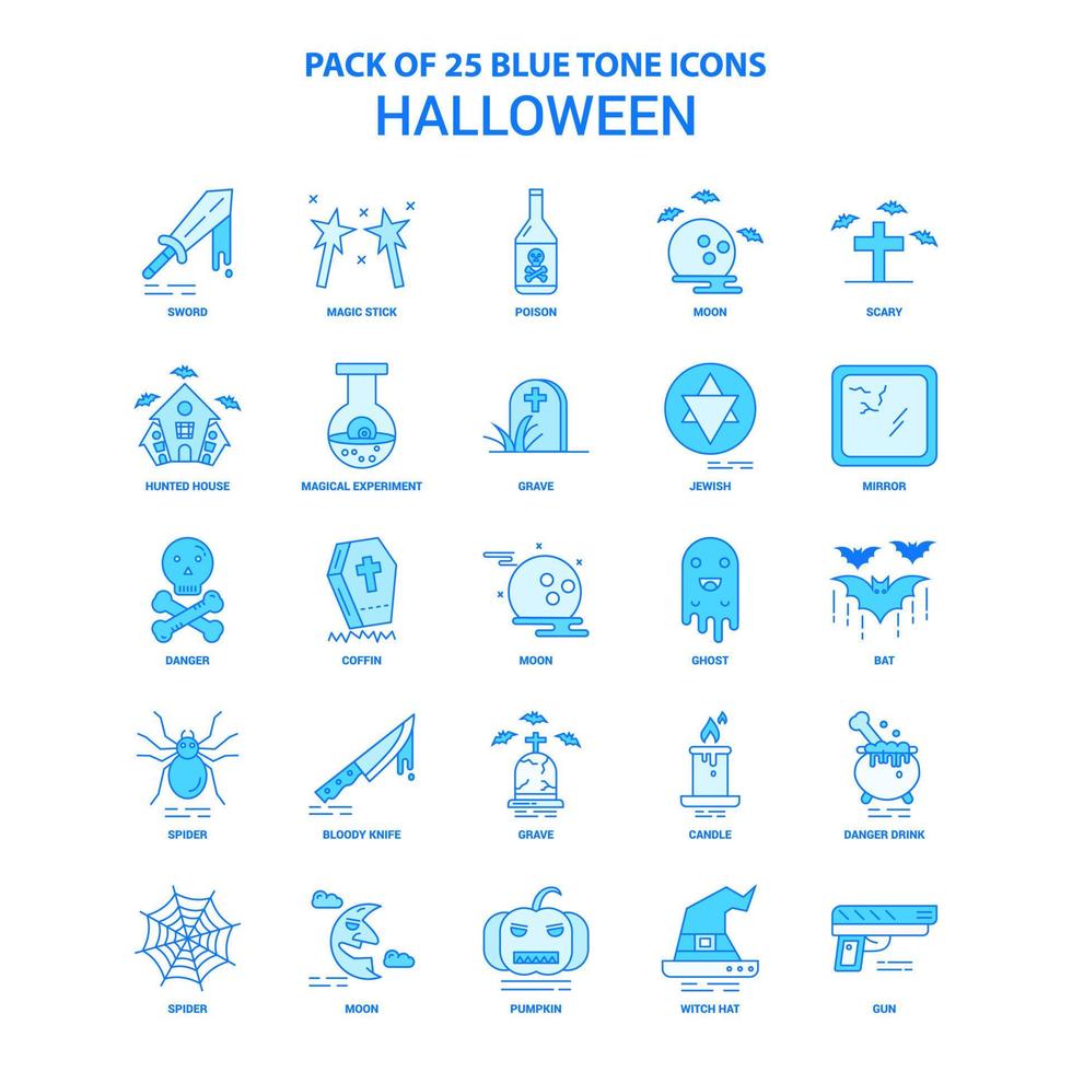 paquete de iconos de tono azul de halloween 25 conjuntos de iconos vector