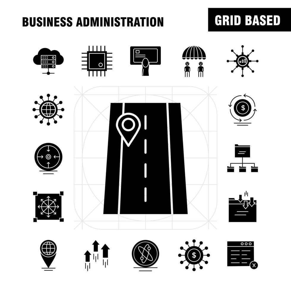 iconos de glifos sólidos de administración empresarial establecidos para infografías kit de uxui móvil y diseño de impresión incluyen dirección de flecha de enfoque de destino archivo de documento globo colección de internet infograp moderno vector