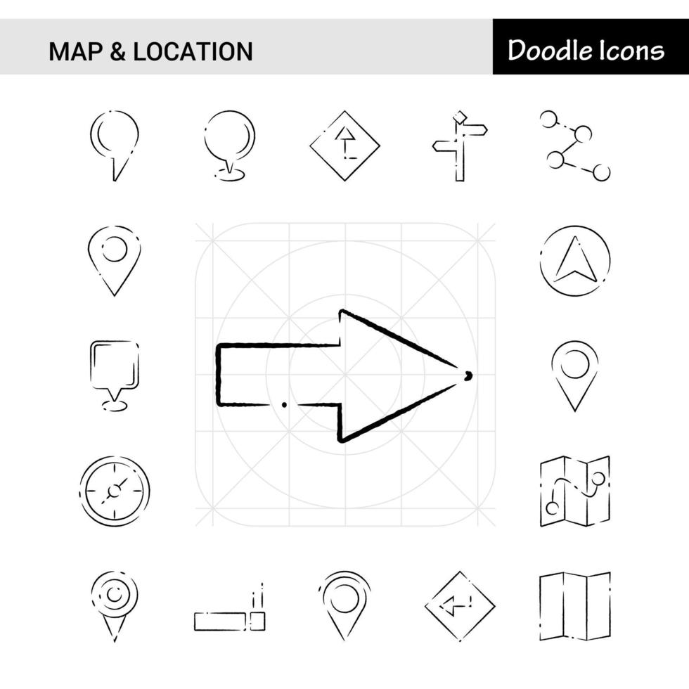 Set of 17 Map and Location handdrawn icon set vector