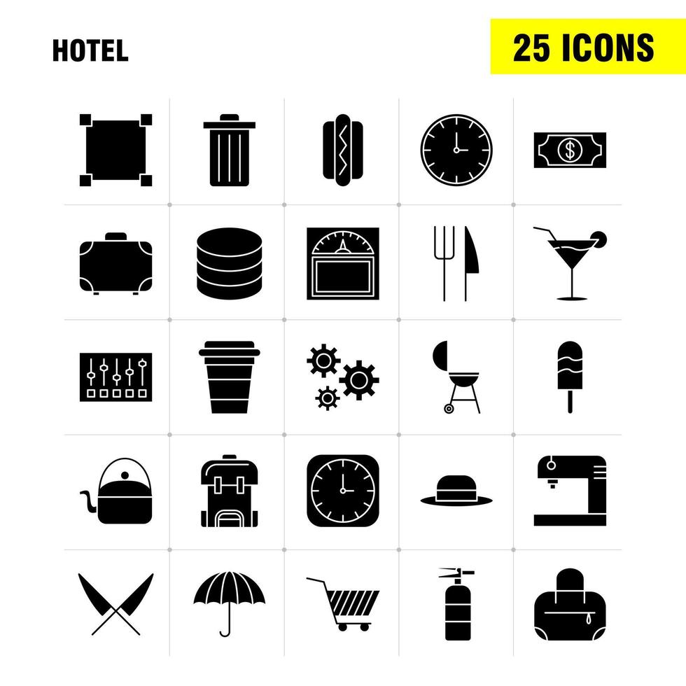 icono de glifo sólido de hotel para impresión web y kit de uxui móvil, como optimización de reloj tiempo optimización de tiempo peso máquina escala pictograma paquete vector