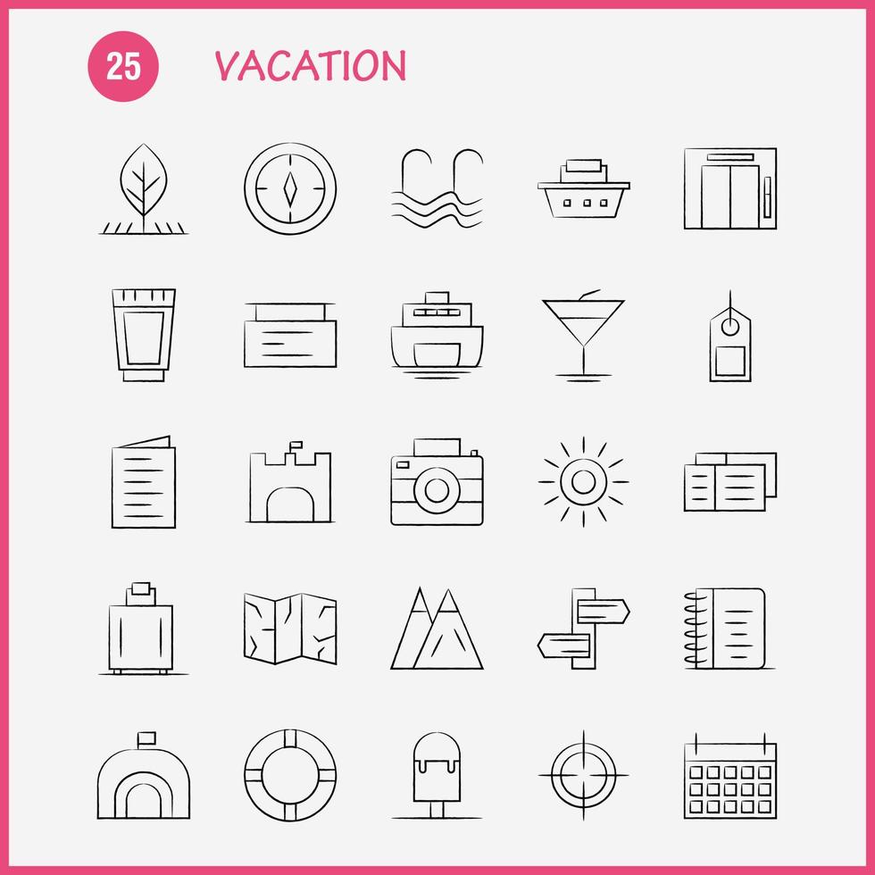 Vacation Hand Drawn Icons Set For Infographics Mobile UXUI Kit And Print Design Include Picnic Summer Vacation Building Vacation City Flag Board Icon Set Vector