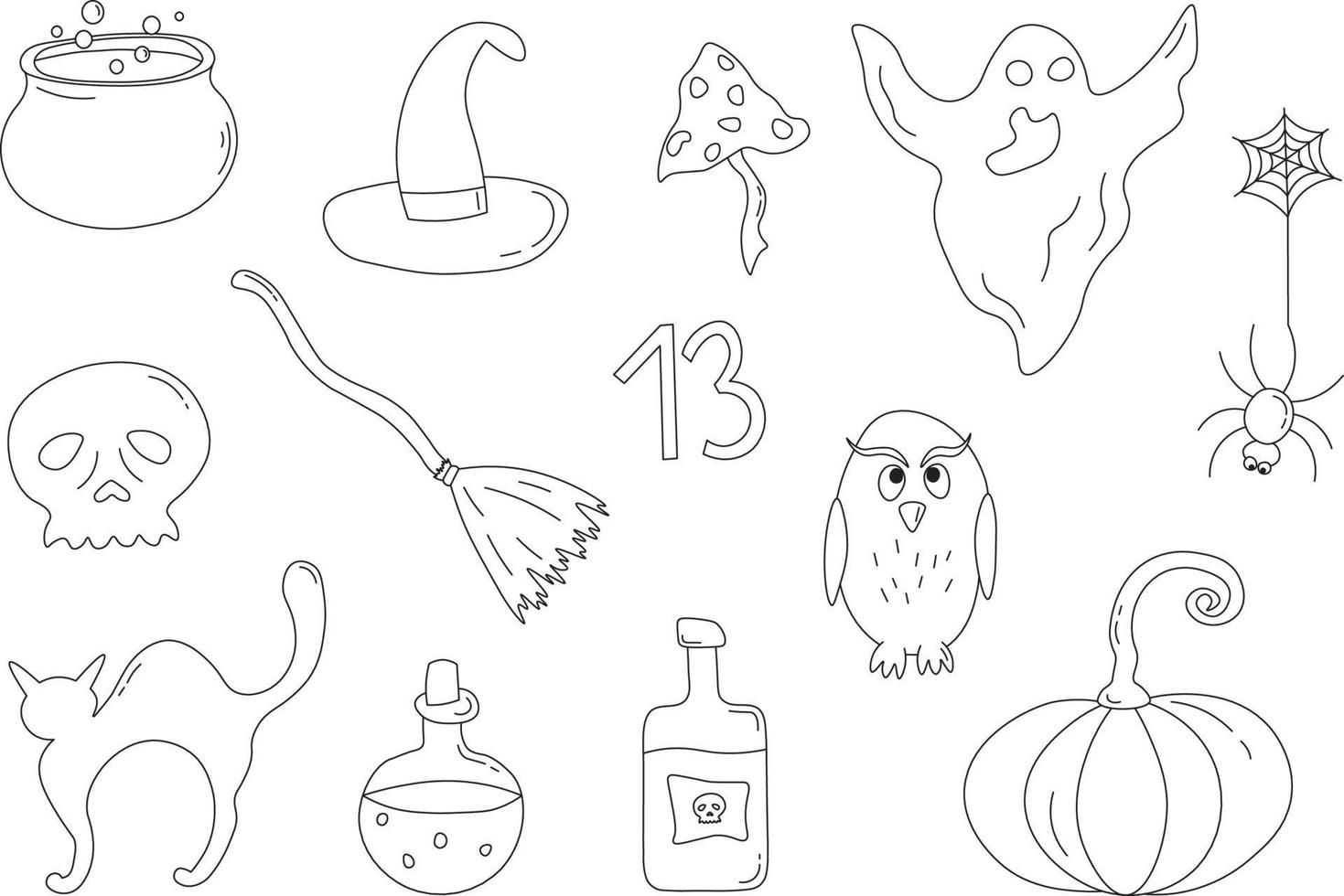 Halloween drawings illustration. Happy Halloween designs set black and white elements. Vector illustration. Kids Cute Digital Clipart. Halloween Doodles.