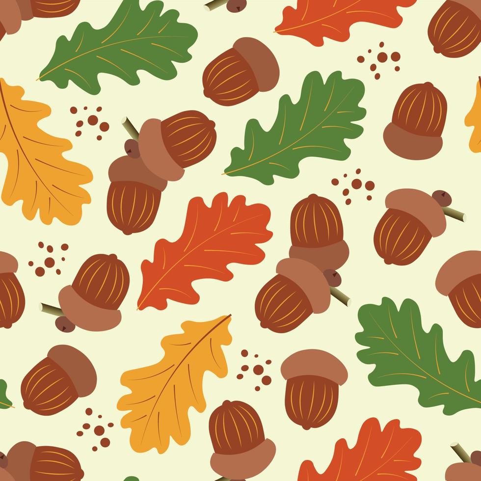 Autumn seamless vector pattern with stylized acorns and leaves.  Trendy seasonal colors.