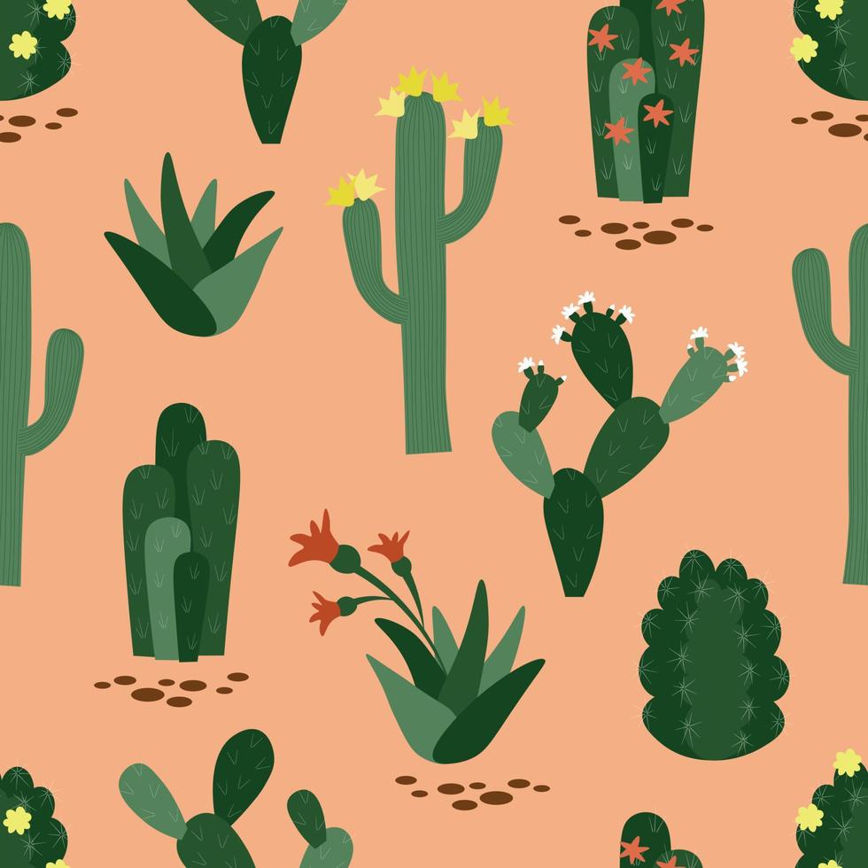 patrón vectorial sin costuras con diferentes cactus. plantas del desierto sobre fondo de arena. textura con cactus verde. suculenta en flor. vector