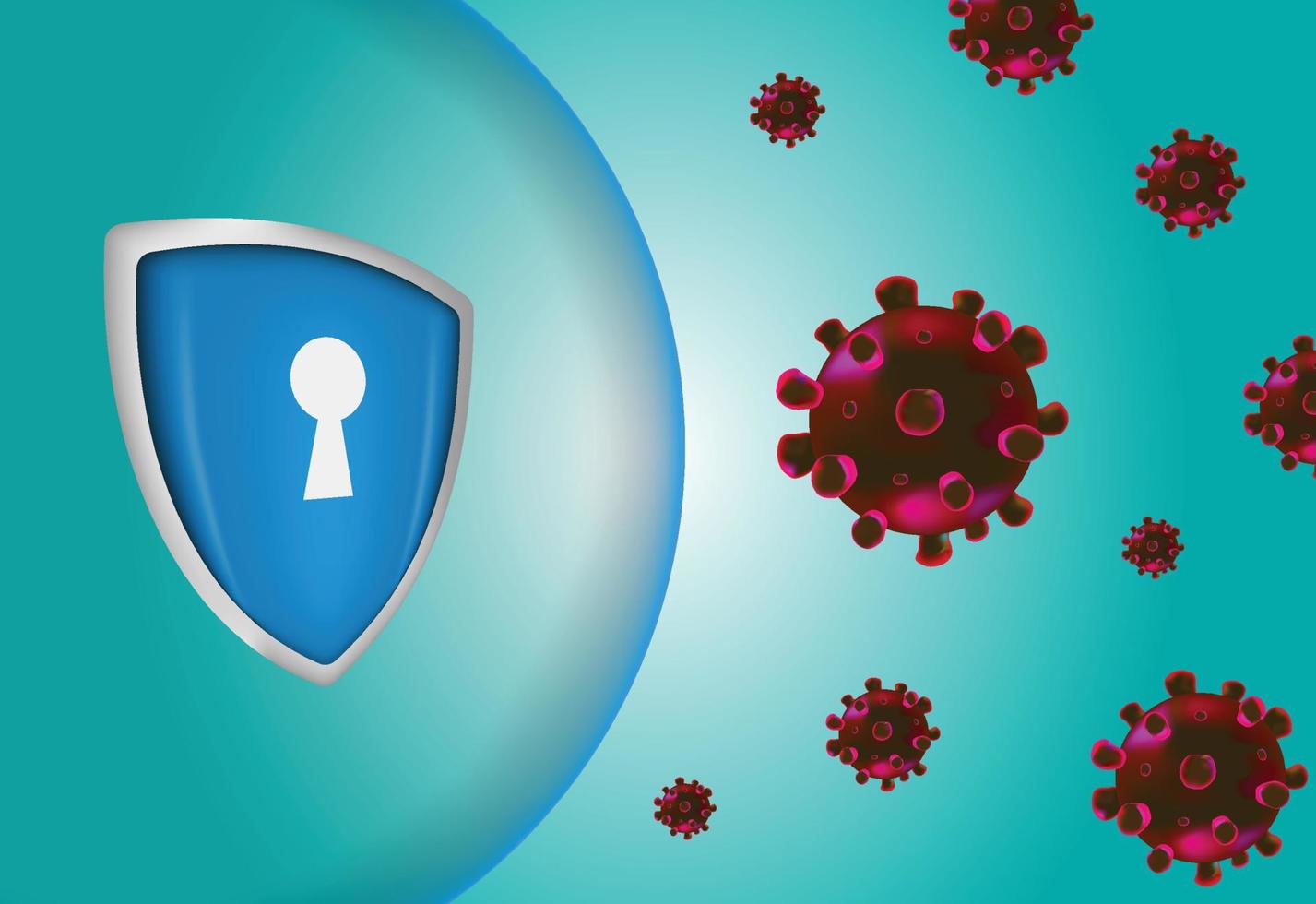 Virus protection with shield concept, Security shield for virus protection. Vector shield on blue background.