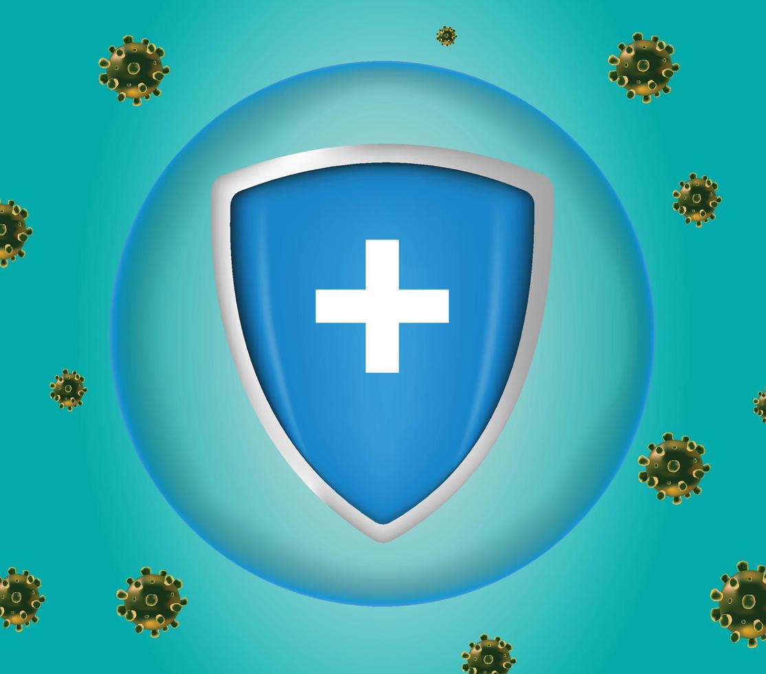 Virus protection with shield concept, Security shield for virus protection. Vector shield on blue background.