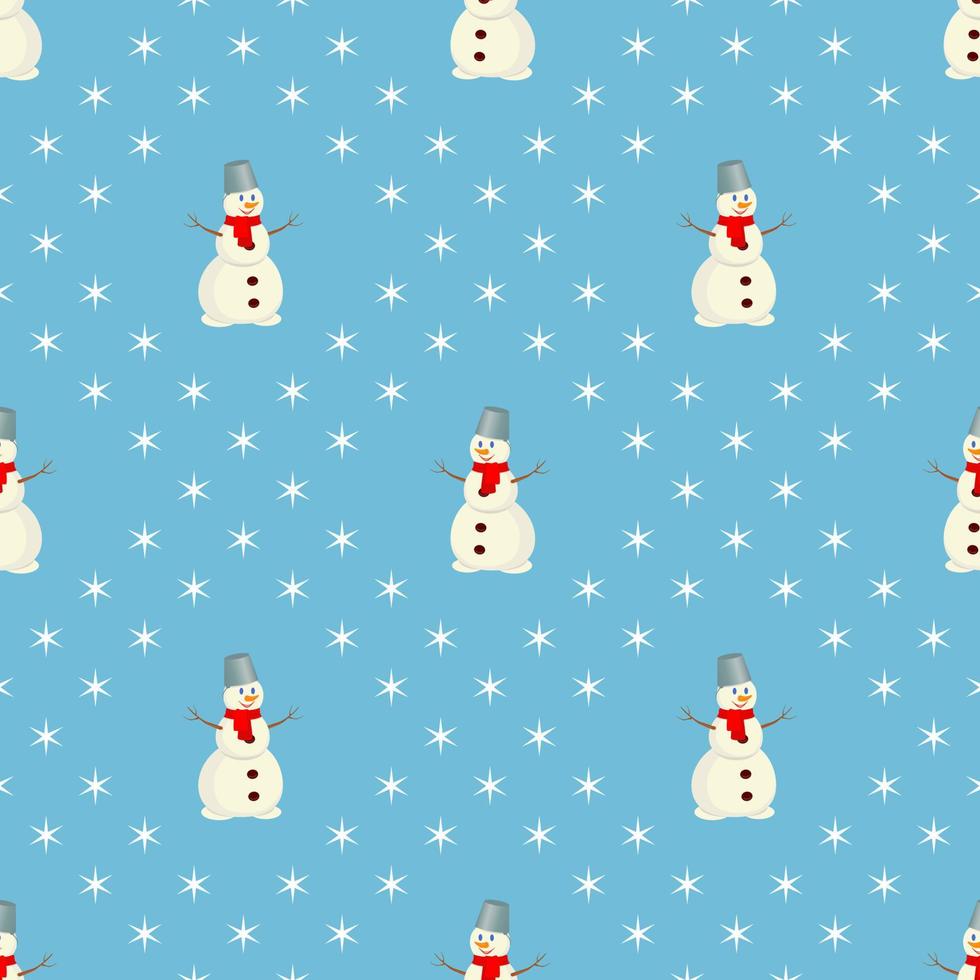 Vector seamless pattern. Cute snowman on a blue background.