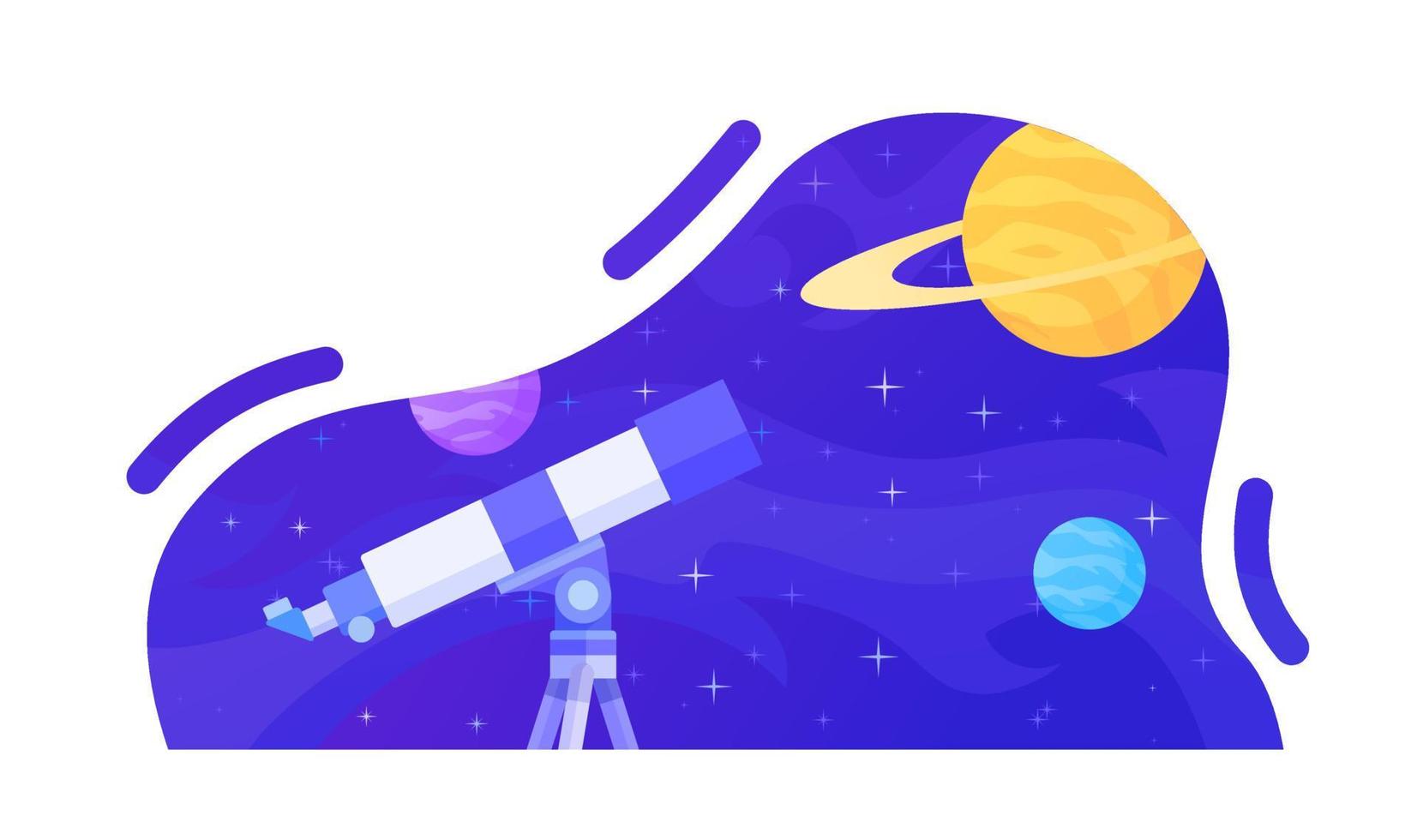 astronomía telescopio observación con cielo estrellado y planetas ciencia educación vector ilustración plana