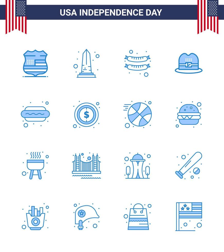 Big Pack of 16 USA Happy Independence Day USA Vector Blues and Editable Symbols of food hot dog washington american hat Editable USA Day Vector Design Elements