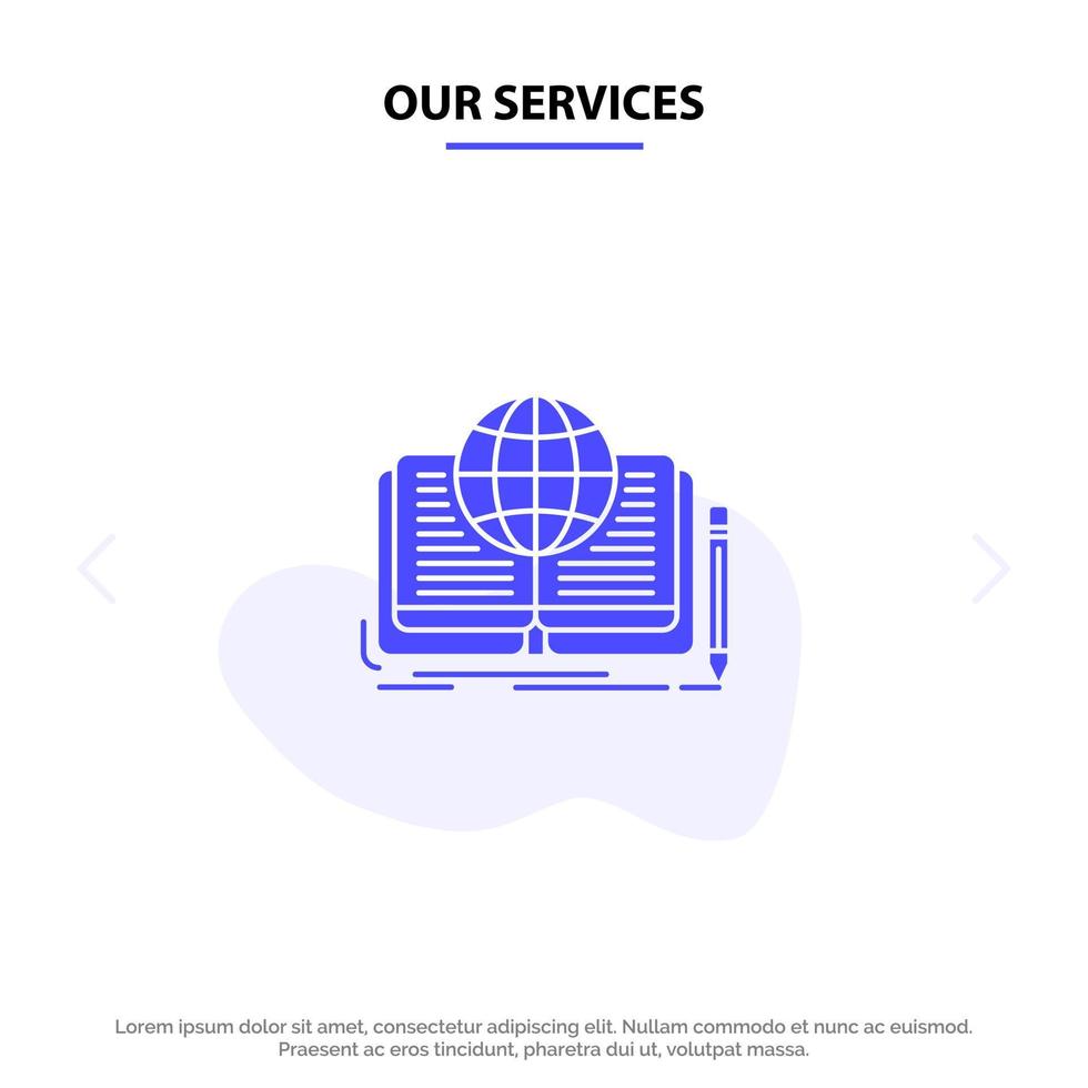 Our Services Writing Novel Book Story Theory Solid Glyph Icon Web card Template vector