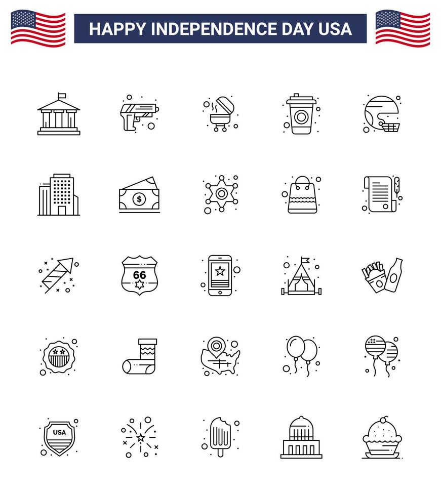 Happy Independence Day 25 Lines Icon Pack for Web and Print sport football barbecue american cola Editable USA Day Vector Design Elements