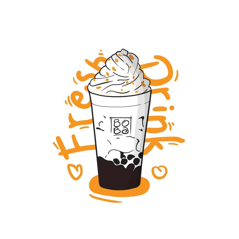 Boba drink and white milk with cream for topping and fresh drink text for advertising design vector