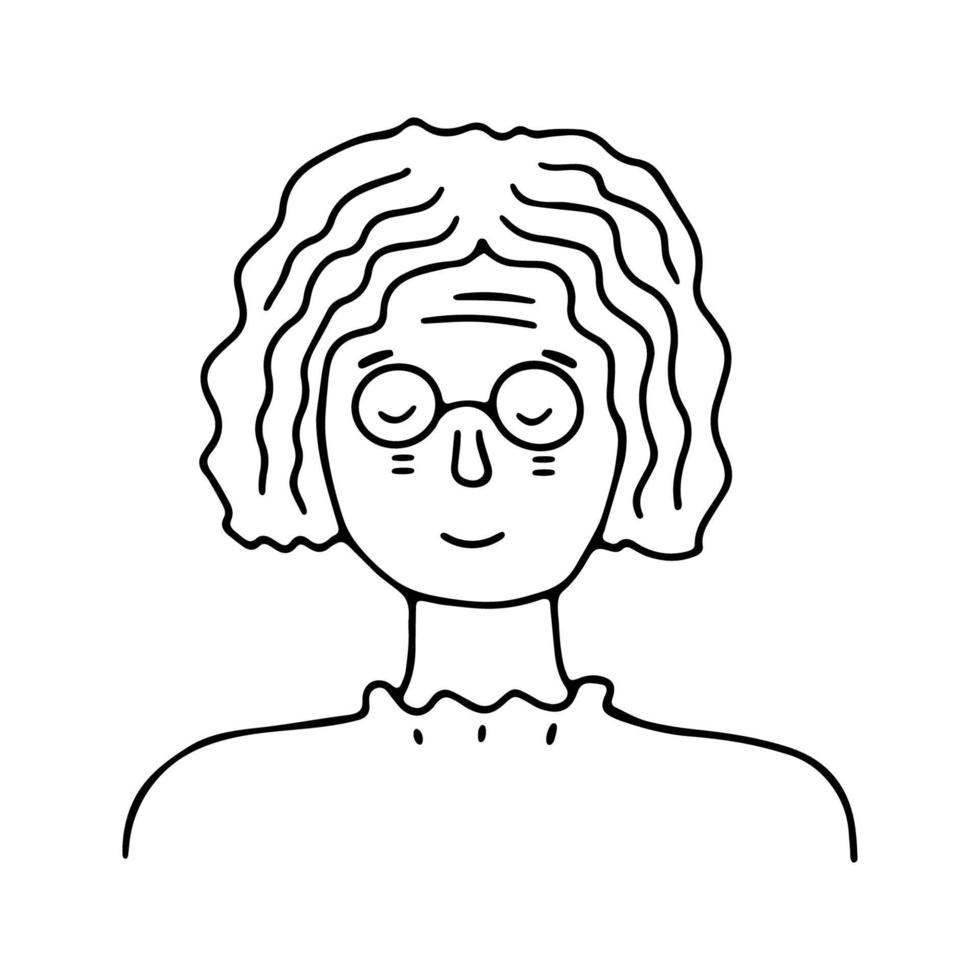 Doodle old woman with glasses portrait. Trendy hand drawn icon. Black and white vector illustration. Happy emotions. Portrait with a positive facial expression. Hand drawn doodle sketch