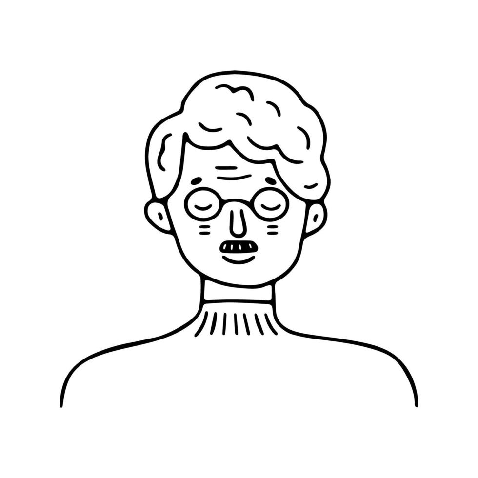 Doodle anciano con gafas y un retrato de bigote. icono dibujado a mano de moda. ilustración vectorial en blanco y negro. emociones felices. retrato con una expresión facial positiva. boceto de garabato dibujado a mano vector