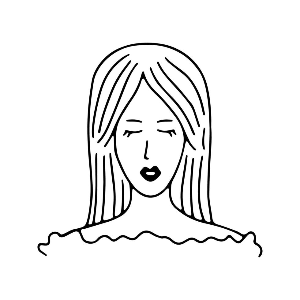 garabato niña con retrato de pelo largo. cara, cabeza de mujer. icono dibujado a mano de moda. ilustración vectorial en blanco y negro. boceto de garabato dibujado a mano. perfecto para redes sociales, avatares, sitios web, afiches vector