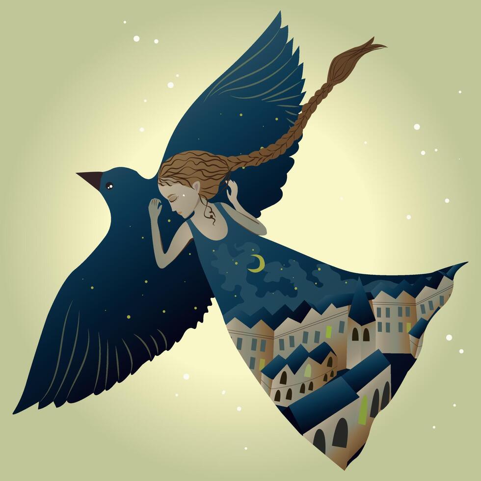 a sleeping girl with red hair braided in a braid flies on the back of a huge dark blue bird. the girls blue dress represents a night city with houses. mysterious and fabulous illustration vector