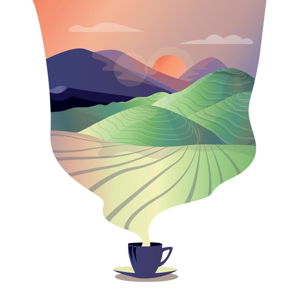 una taza de café con vapor que emana de ella en forma de nube con un paisaje montañoso vector