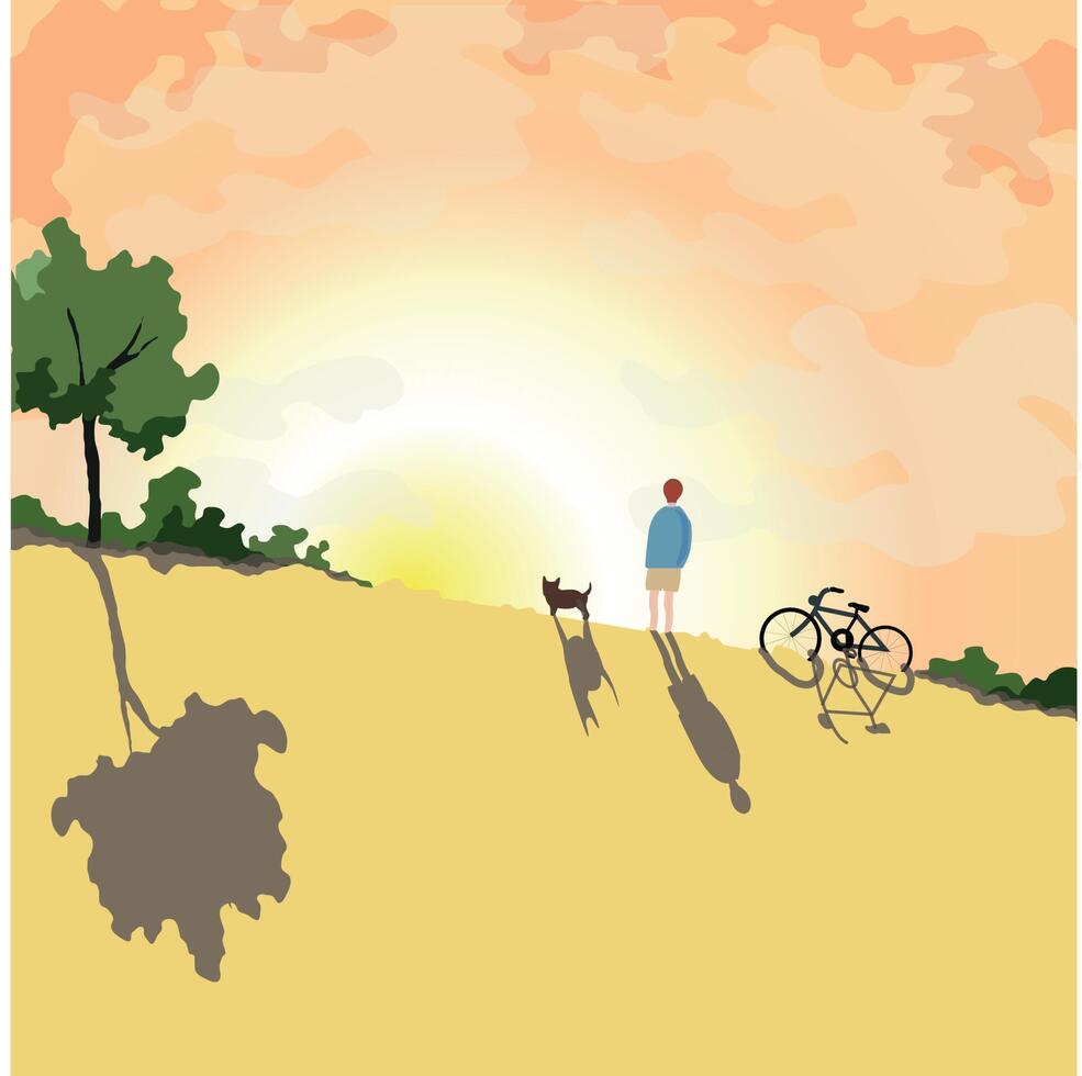 un chico con un perro y una bicicleta viendo la puesta de sol vector