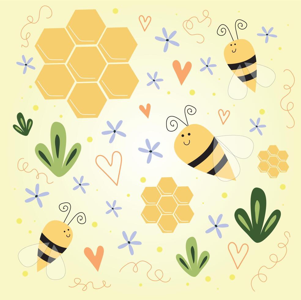 conjunto de pegatinas de abeja, panal y planta vector