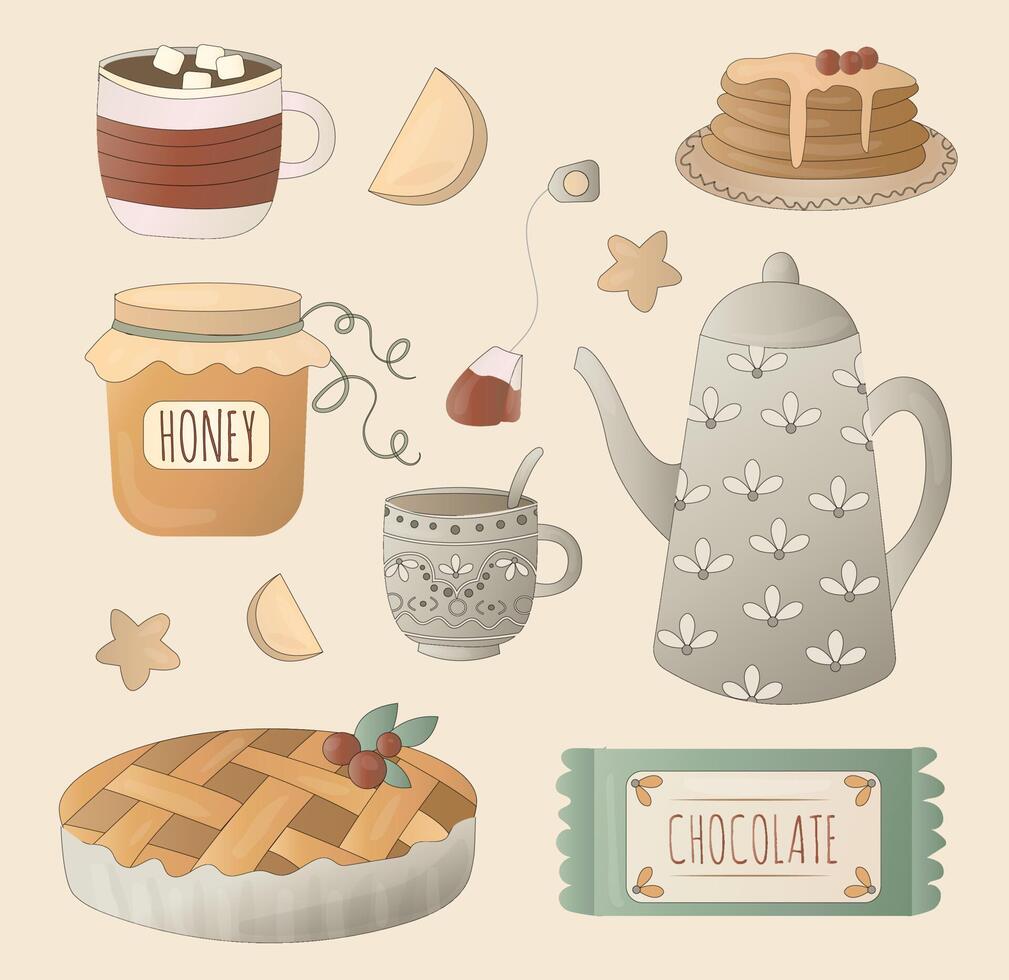 Tea time cute set. Teapot, cups, jam, berries, cinnamon, muffin and pie. Hot drinks. Home comfort. Cozy autumn collection. Vector cartoon illustration isolated on the white background.