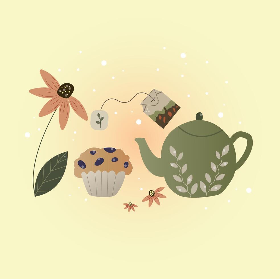kettle and cupcake, tea bag, flower vector