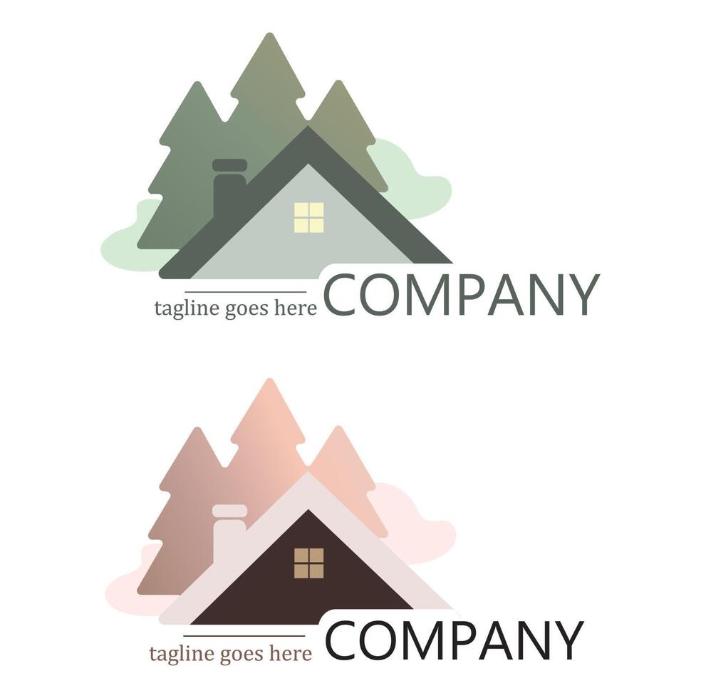 logo in the form of a house in the forest. modern and minimalist style, geometric elements, calm pastel and golden hues. logo illustration vector