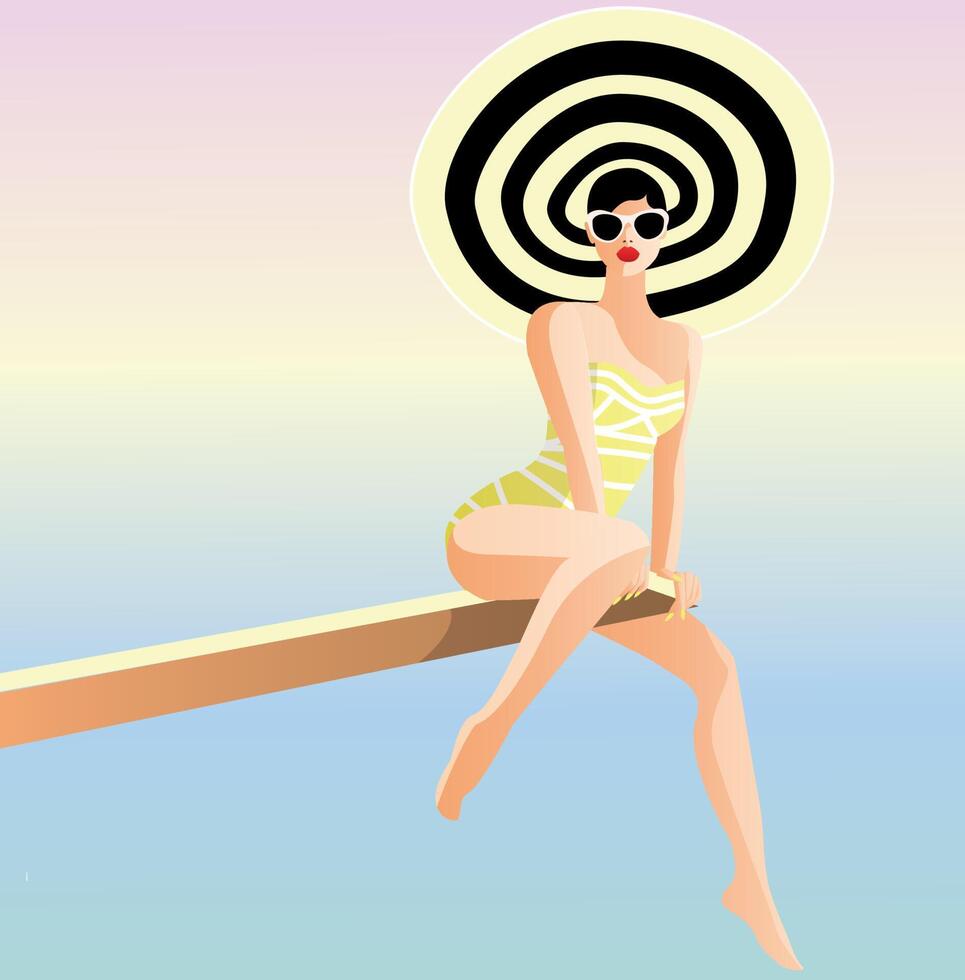 Slender woman dressed in swimsuit with big hat at her head is standing on the beach. vector