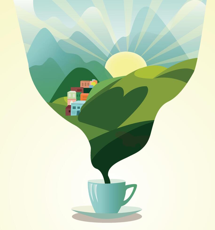 una taza de café con vapor que emana de ella en forma de nube con un paisaje montañoso vector