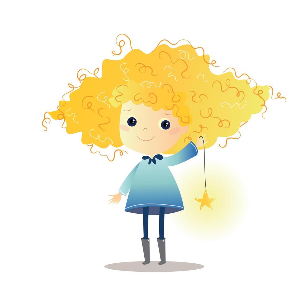 una chica con el pelo rizado sostiene un asterisco en un hilo en la mano vector