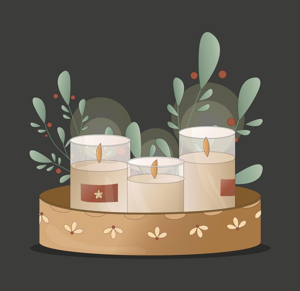 delicate and cozy Christmas candles decorated with mistletoe sprigs vector