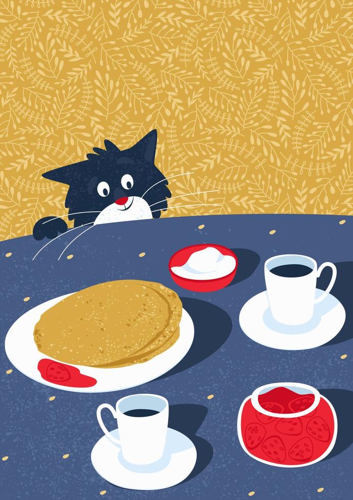 Postcard with a cat who wants to steal a treat from the table vector