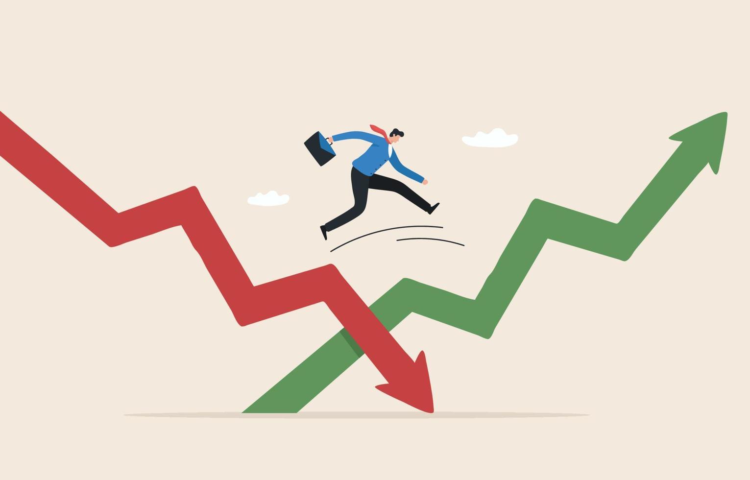 Economic volatility. Recovering from the stock market crisis. adapt, deal with the stock market downturn or Bear Market. businessman jumping from red to rising up arrow. vector