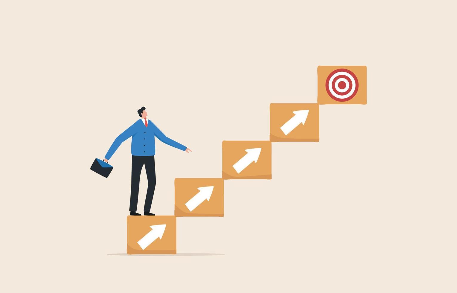 Set goals for success. Aim or motivation for business growth and success. Stairway to the goal. Businessman standing on the stairs to the destination. vector