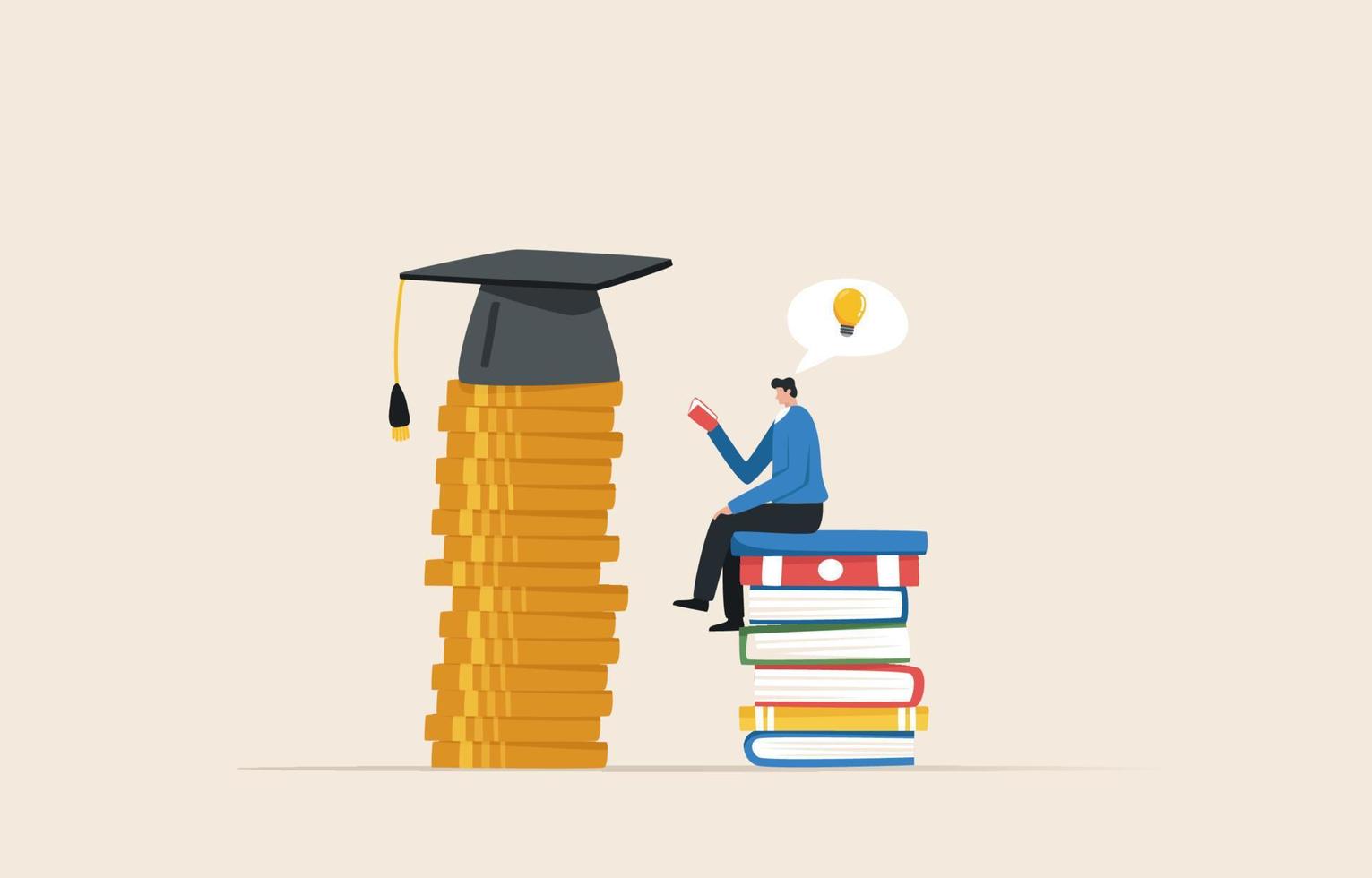inversión en educación. concepto de préstamo estudiantil. pila de monedas con gorra de graduación. un hombre se sienta y lee un libro sobre una pila de libros. vector
