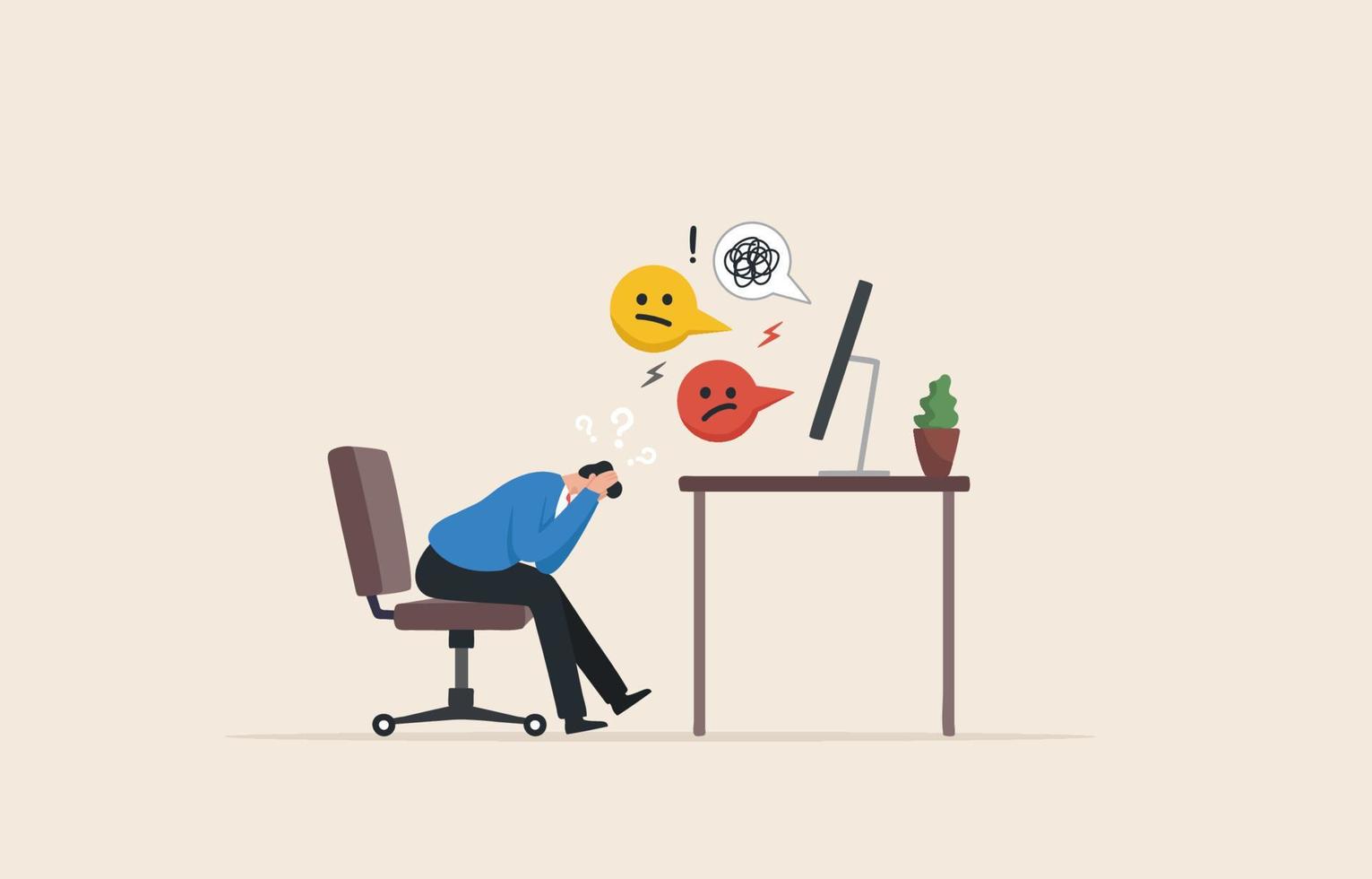 emociones negativas en el lugar de trabajo. sentimientos de los empleados. protégete emocionalmente en el trabajo. ansiedad en las redes sociales. tóxico en el trabajo. empresario sosteniendo su cabeza sentado solo en la silla. vector