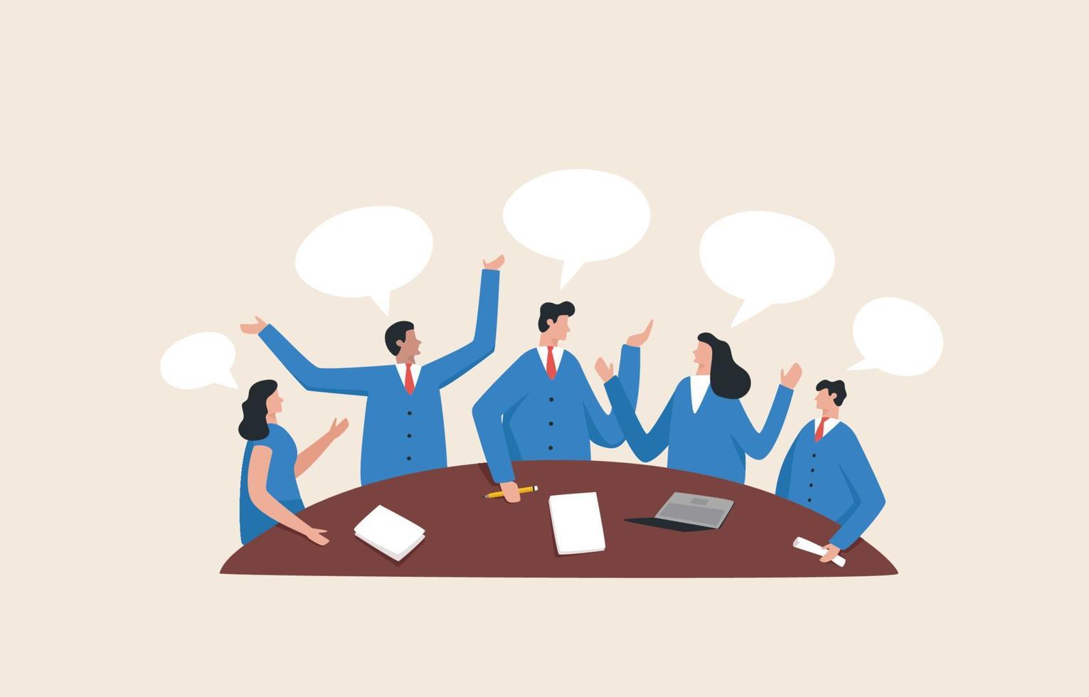 Brainstorming as conversation or team meeting.   Effective brainstorming techniques for teams. discuss ideas. debate communication. Colleagues on the business team discuss work. vector