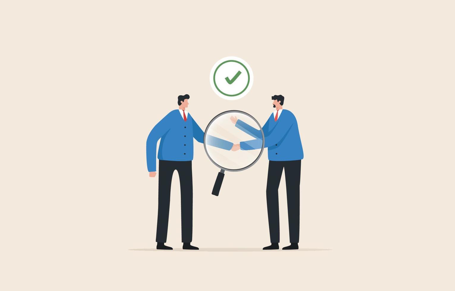 Business transparency. An open, honest and straightforward process about companies or business operations. Two businessmen shake hands and agree to do business. vector