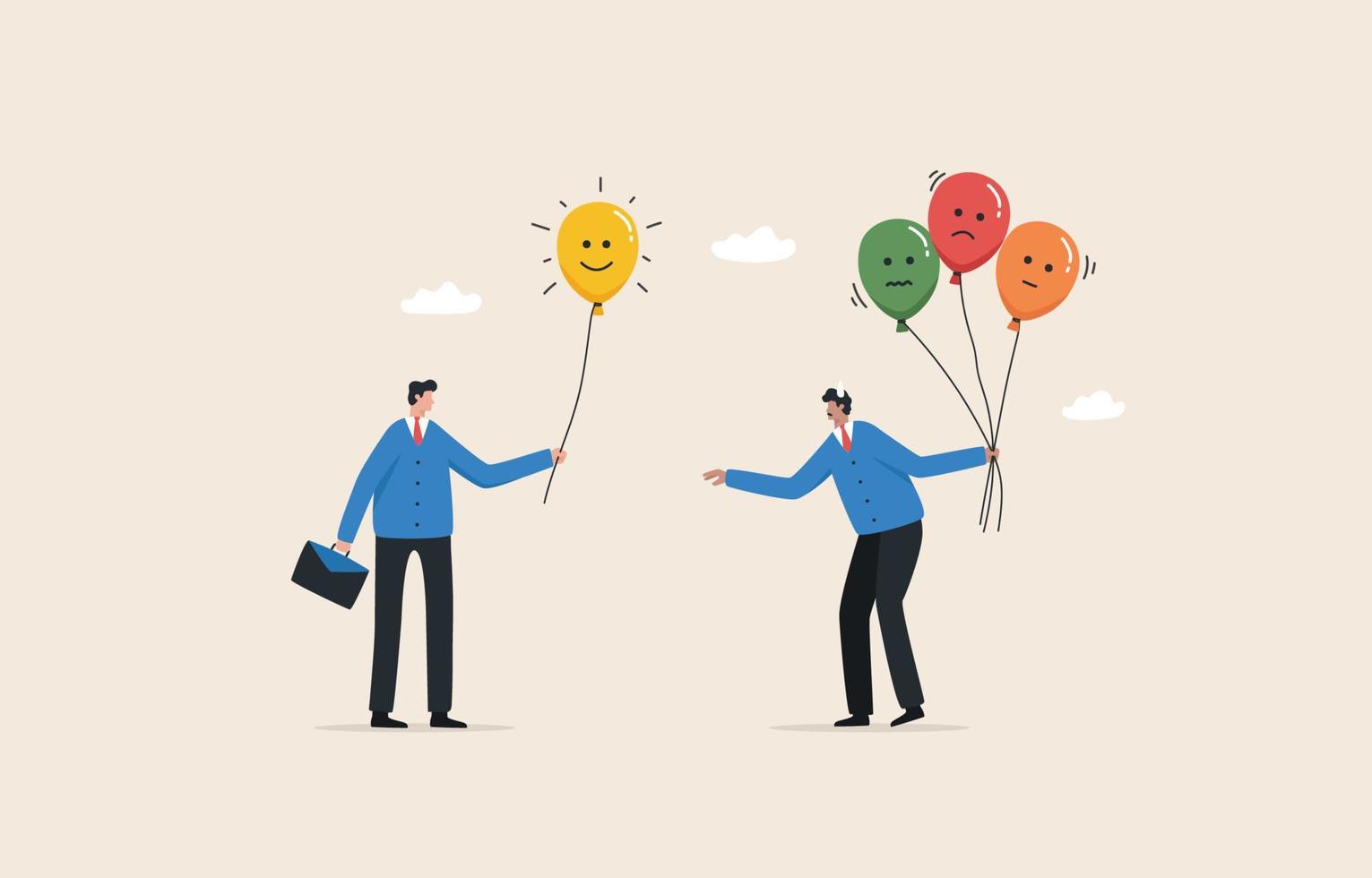 pasar a sentir emoción positiva. animar a los compañeros. transmitir energía positiva a los empleados. empresario sosteniendo globos con emoticonos emocionales. vector