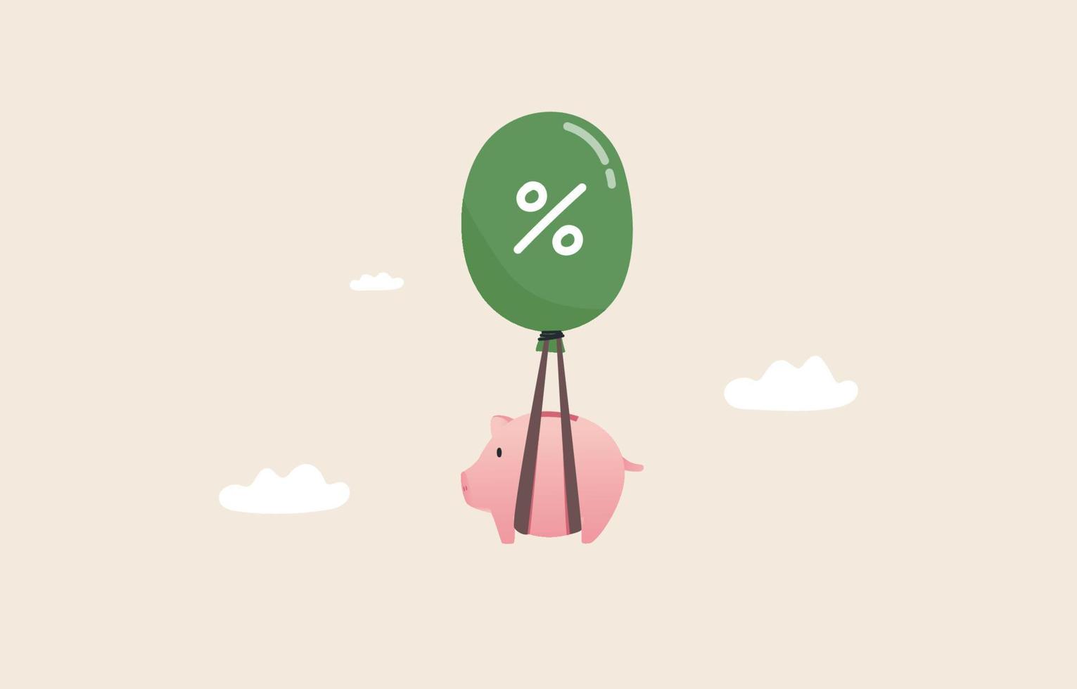 Inflation. Raising interest rates. Household debt is rising. Piggy bank being carried by balloon. vector