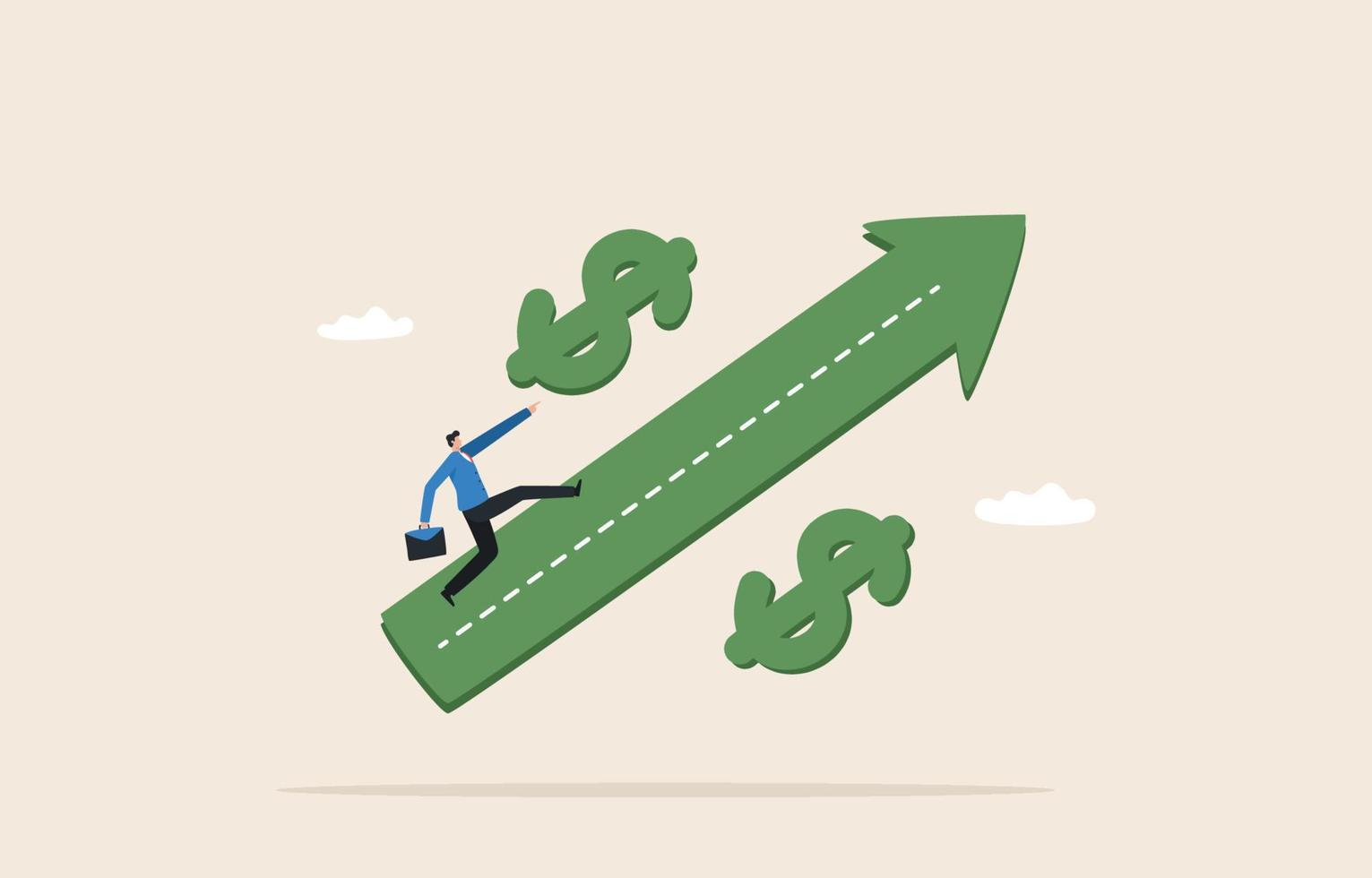US Federal Reserve interest rate hike. Interest rate rising up. Businessman or banker running on the rising percentage arrow. vector