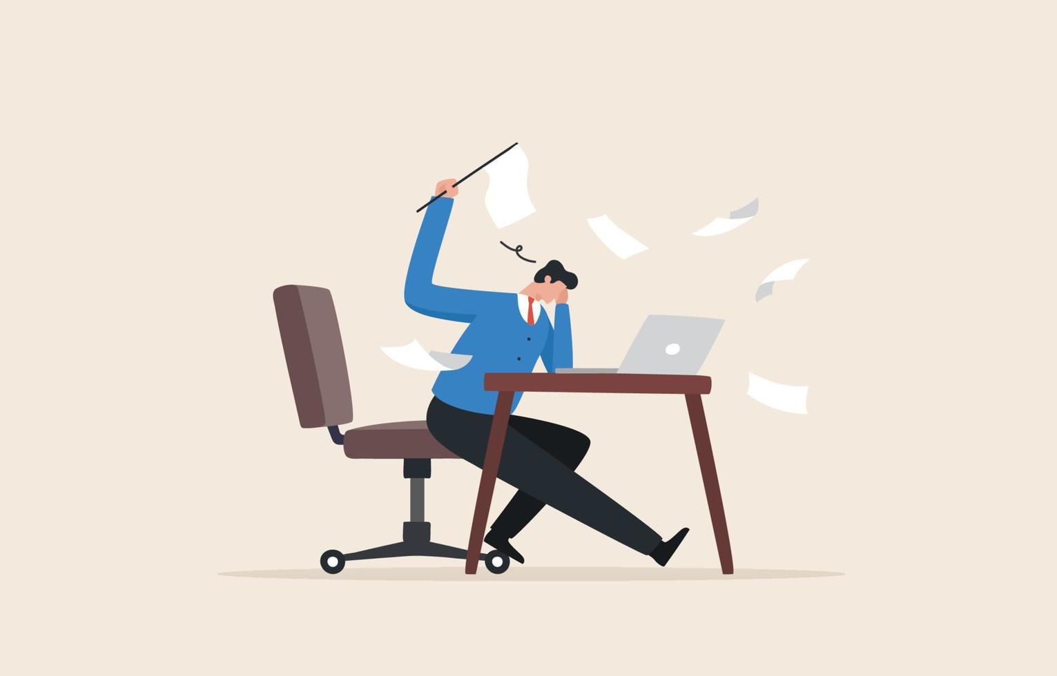 Boring office worker. Employees bored in the office, less efficient. burnout at work concept.  An employee or businessman raises a white flag to surrender to hard work. vector