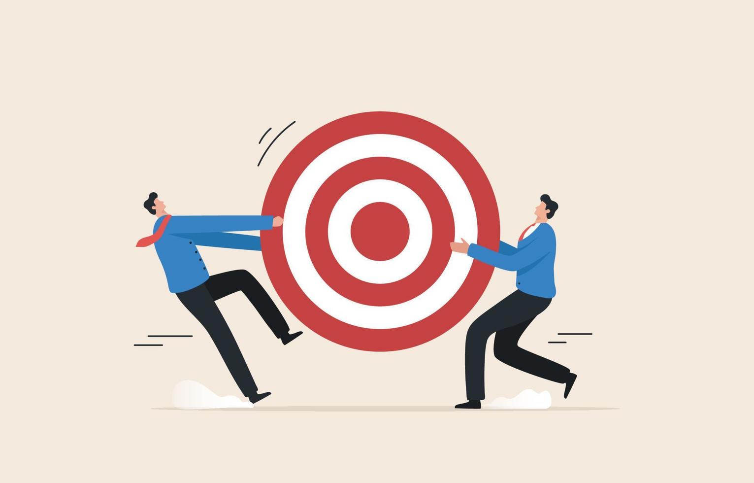 Competitive Strategies for business target. Compete for customers. Scramble for market share. Two businessmen fighting for a dartboard goal, target. vector