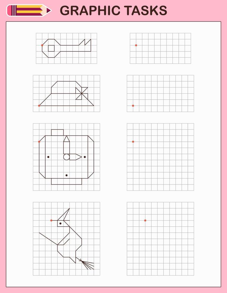 Graphic tasks. Educational game for preschool children. Worksheets for practicing logic and motor skills. Game for children. Graphic tasks with different objects and elements. Vector illustration