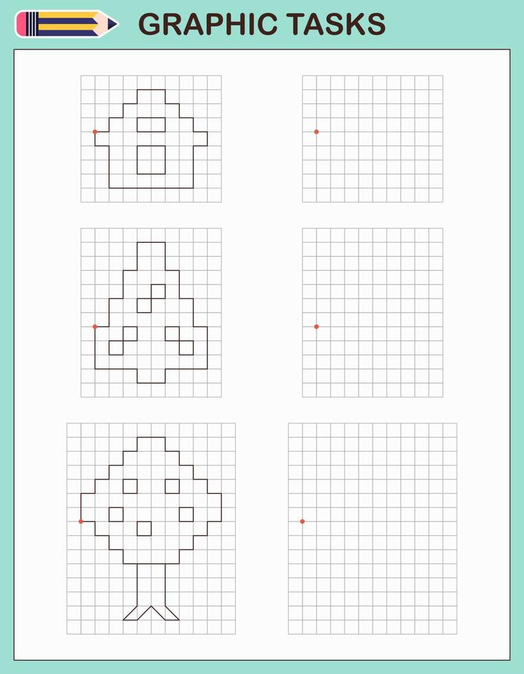 Graphic tasks. Educational game for preschool children. Worksheets for practicing logic and motor skills. Game for children. Graphic tasks with different objects and elements. Vector illustration