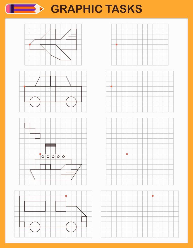 Graphic tasks. Educational game for preschool children. Worksheets for practicing logic and motor skills. Game for children. Graphic tasks with different objects and elements. Vector illustration