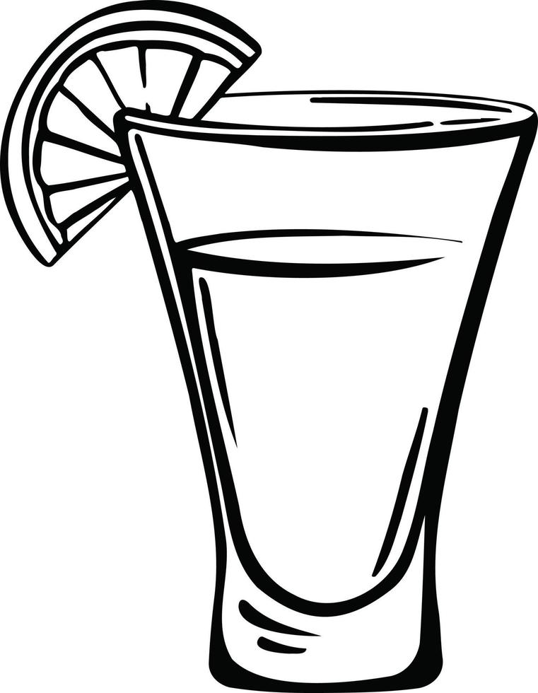 Glass of tequila with lemon stack of alcohol, freehand drawing v vector