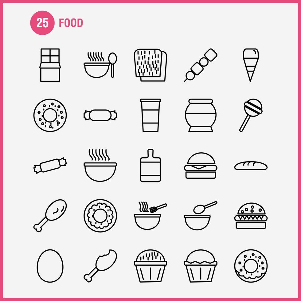 los iconos de la línea de alimentos establecidos para el kit de uxui móvil de infografía y el diseño de impresión incluyen barbacoa, carne, comida, comida, horno, cocina, comida, comida, colección, moderno, infografía, logotipo, y, pictogram, vector