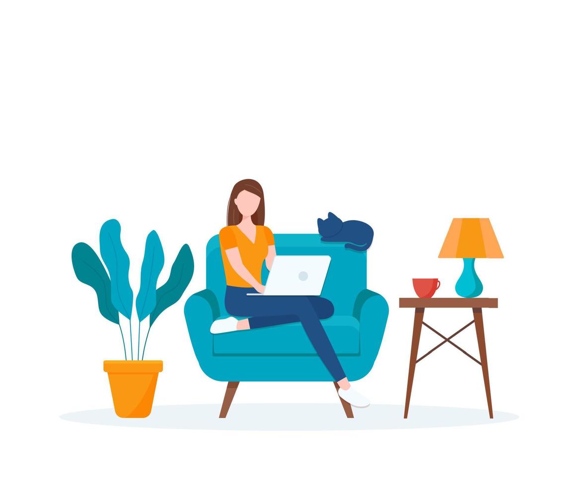 A woman working with computers, home office or freelancer. She can be an employee of the company for computer and student work in her own home office. Service, call center and support. vector